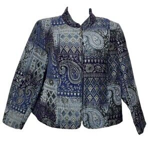 Molly Maxx Jacket Women Size Large Petite Blue Tapestry Paisley Full Zip NEW